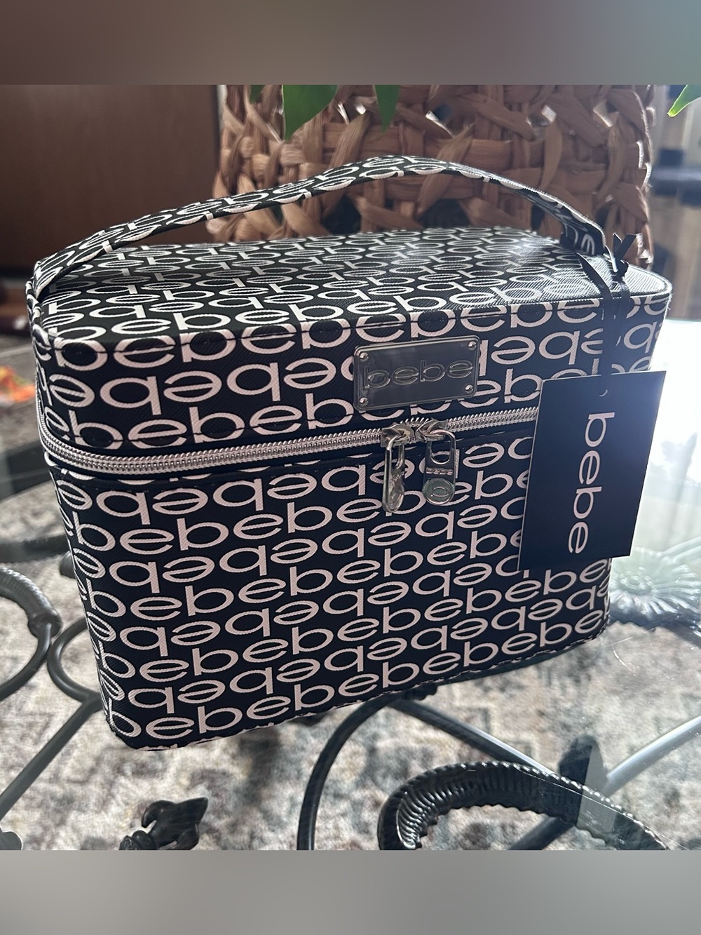 bebe Black and White Logo Cosmetic Train Case